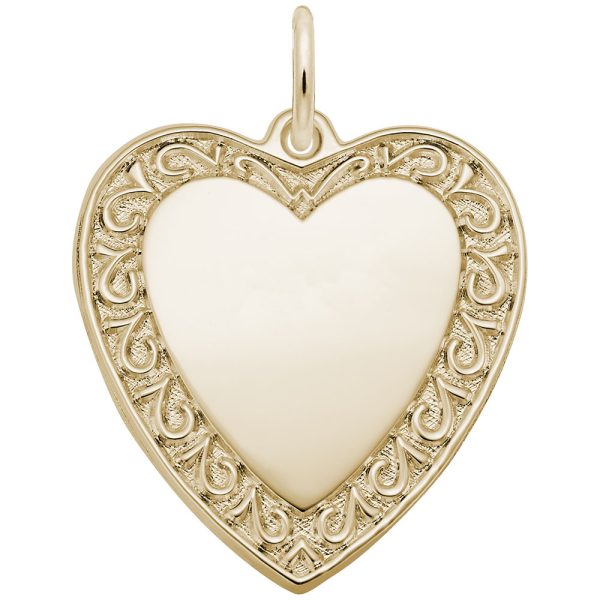 The Rembrandt Charms Scrolled Classic Heart (1495GP) features a gold heart shape with a smooth center and ornate, intricate border, capturing timeless elegance. Finished with a small top loop, it’s perfect for any charm collection.