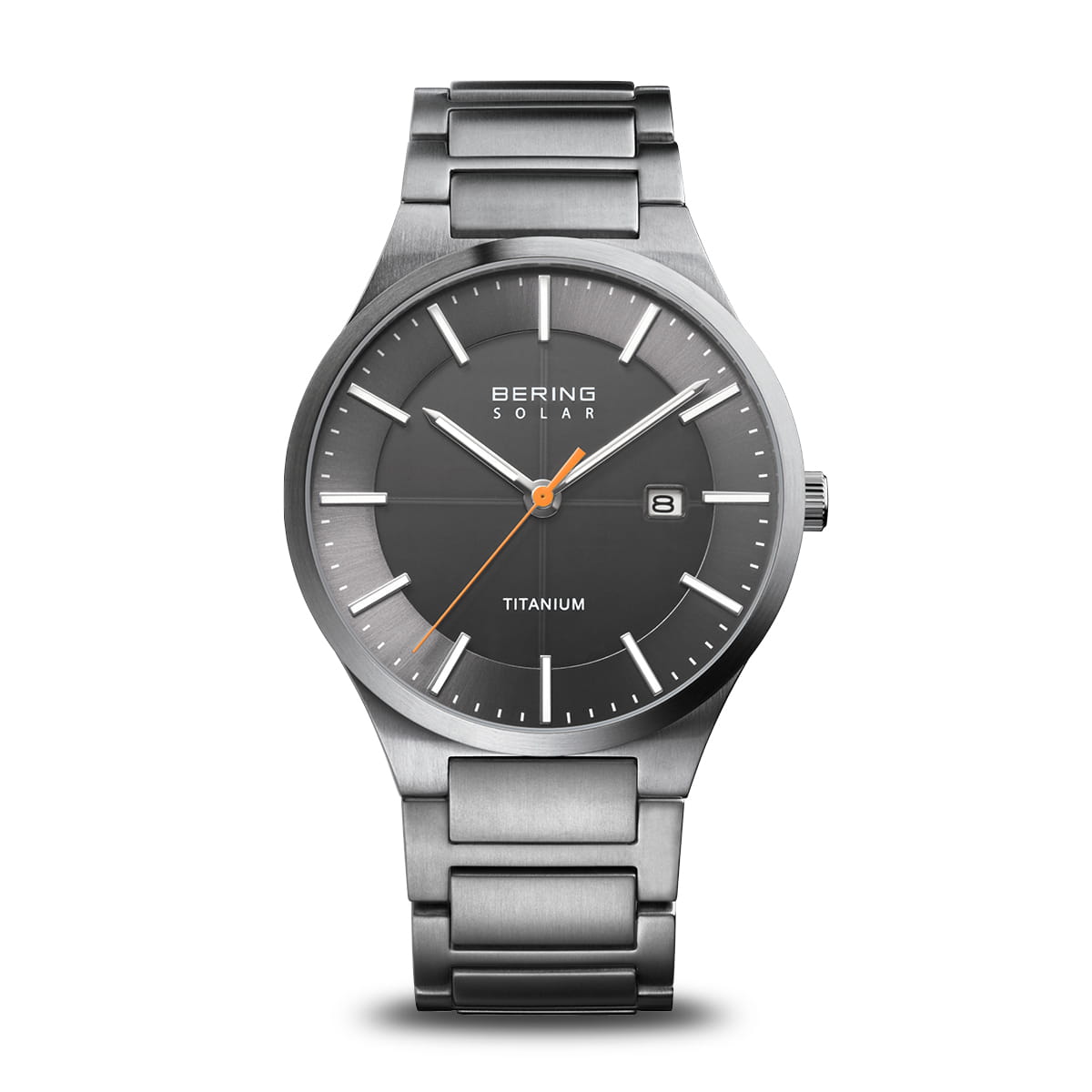 The Bering Watch - Solar Titanium Collection (15239-779) is a sleek men’s watch with a titanium case, gray dial, silver markers and hands, orange second hand, date at 3 o’clock, and a brushed silver titanium band.