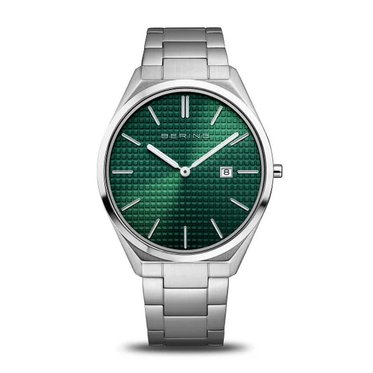 A Bering Watch from the Ultra Slim Collection (17240-708), featuring a green textured dial, sapphire crystal, silver hour markers, date window at 3 o’clock, metal link bracelet, and “Bering” displayed on the dial.
