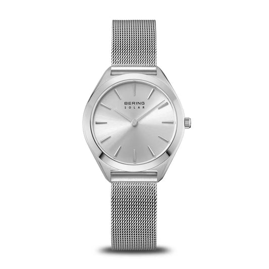The Bering Watch - Silver Sunray Dial Solar (17331-000) features a mesh Milanese strap, minimalist silver dial with thin markers and three hands, round face, and single crown—a sleek, modern Bering watch for minimalist style lovers.