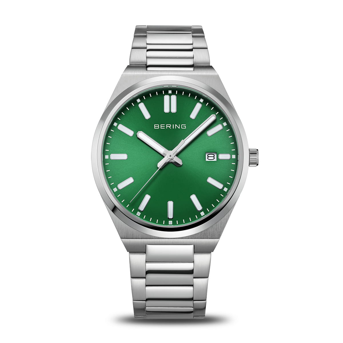 The Bering Watch - Classic Collection - 17639-708 features a green dial with white hour markers, silver hands, a date window at 3 o’clock, and the Bering logo on the face in a sleek silver stainless steel design.