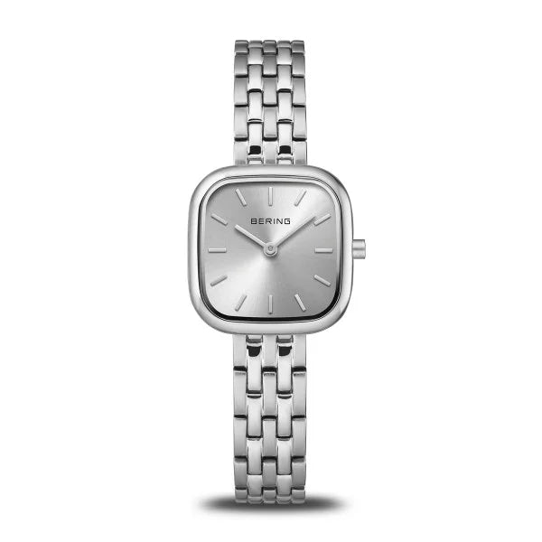 The Bering Watch - Classic Collection - 17926-704 features a silver square face, minimalist markers and hands, and a metal link bracelet, embodying Bering's elegant Scandinavian design against a white background.