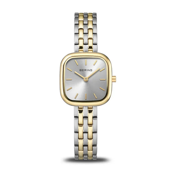 The Bering Watch - Two-tone Sunray 17926-714 by Bering features a square silver dial, gold-tone bezel, gold markers and hands, sapphire crystal, and a silver and gold metal link bracelet, shown against a white background.