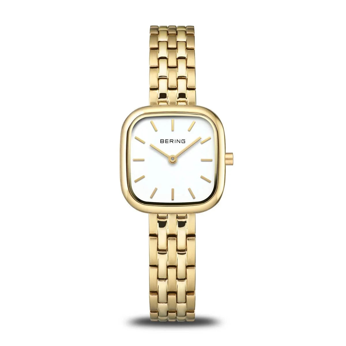 The Bering Watch - Brushed Gold - 17926-734 is a minimalist ladies watch with a rectangular white face, gold hour markers, and a gold metal link band from Bering, shown elegantly against a white background.