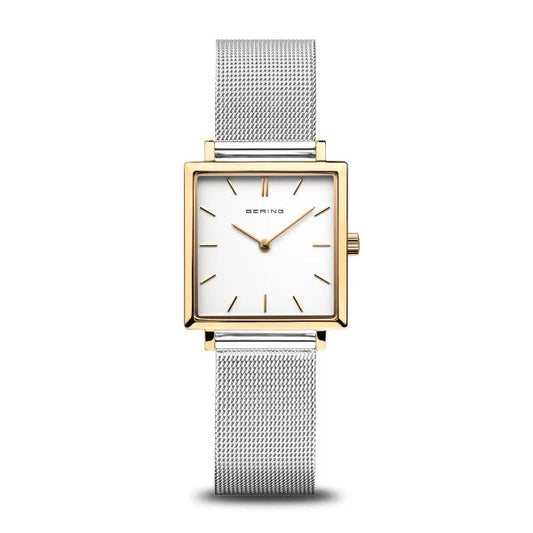 The Bering Watch - Ladies Classic Tank (18226-010) features a square face, white dial, gold-tone case, minimalist gold markers and hands, plus a stainless steel silver mesh strap—combining simplicity and elegance by Bering.