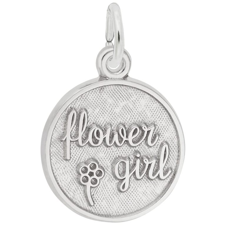 The Rembrandt Charm - Flower Girl - 1836SS by Rembrandt is a round sterling silver charm with "flower girl" in cursive and a flower design—an elegant, personalized gift for your flower girl.