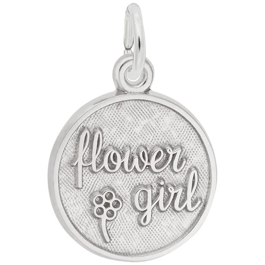 The Rembrandt Charm - Flower Girl - 1836SS by Rembrandt is a round sterling silver charm with "flower girl" in cursive and a flower design—an elegant, personalized gift for your flower girl.