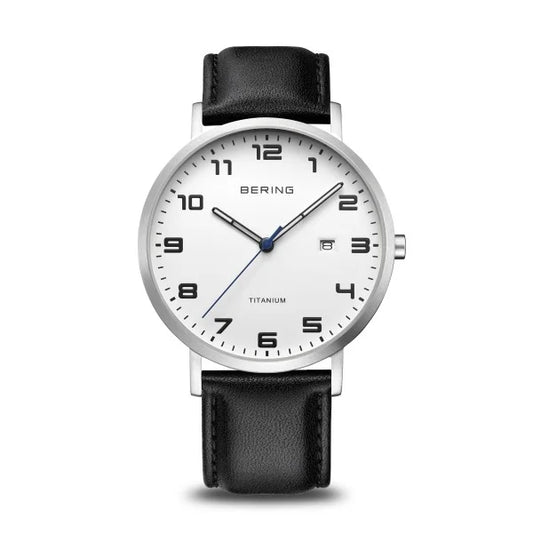 The Bering Watch - Ultra-Light Titanium Collection (18640-404) features a white face with black Arabic numerals, date window at 3 o’clock, blue second hand, and black leather strap, shown on a white background.