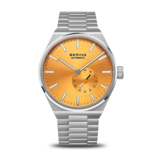 The Bering Watch - Mens Automatic with Orange Dial (19441-701) features a metallic band, orange sunburst dial, silver hour markers and hands, plus a small seconds subdial above 6 oclock.