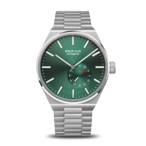 The Bering Watch - Mens Automatic with Green Dial (19441-708) combines Danish minimalism with a silver metal band, silver markers and hands, and a sub-dial featuring blue and red accents for an elegant modern look.