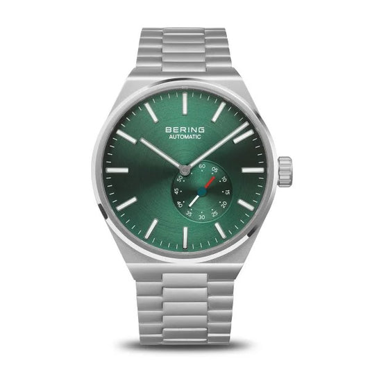 The Bering Watch - Mens Automatic with Green Dial (19441-708) combines Danish minimalism with a silver metal band, silver markers and hands, and a sub-dial featuring blue and red accents for an elegant modern look.