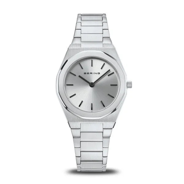 The Bering Watch - Quartz Ultra Slim 19632-700 by Bering features a stainless steel band, minimalist silver dial with thin markers, no numbers, a simple crown on the right, and durable sapphire crystal protection.