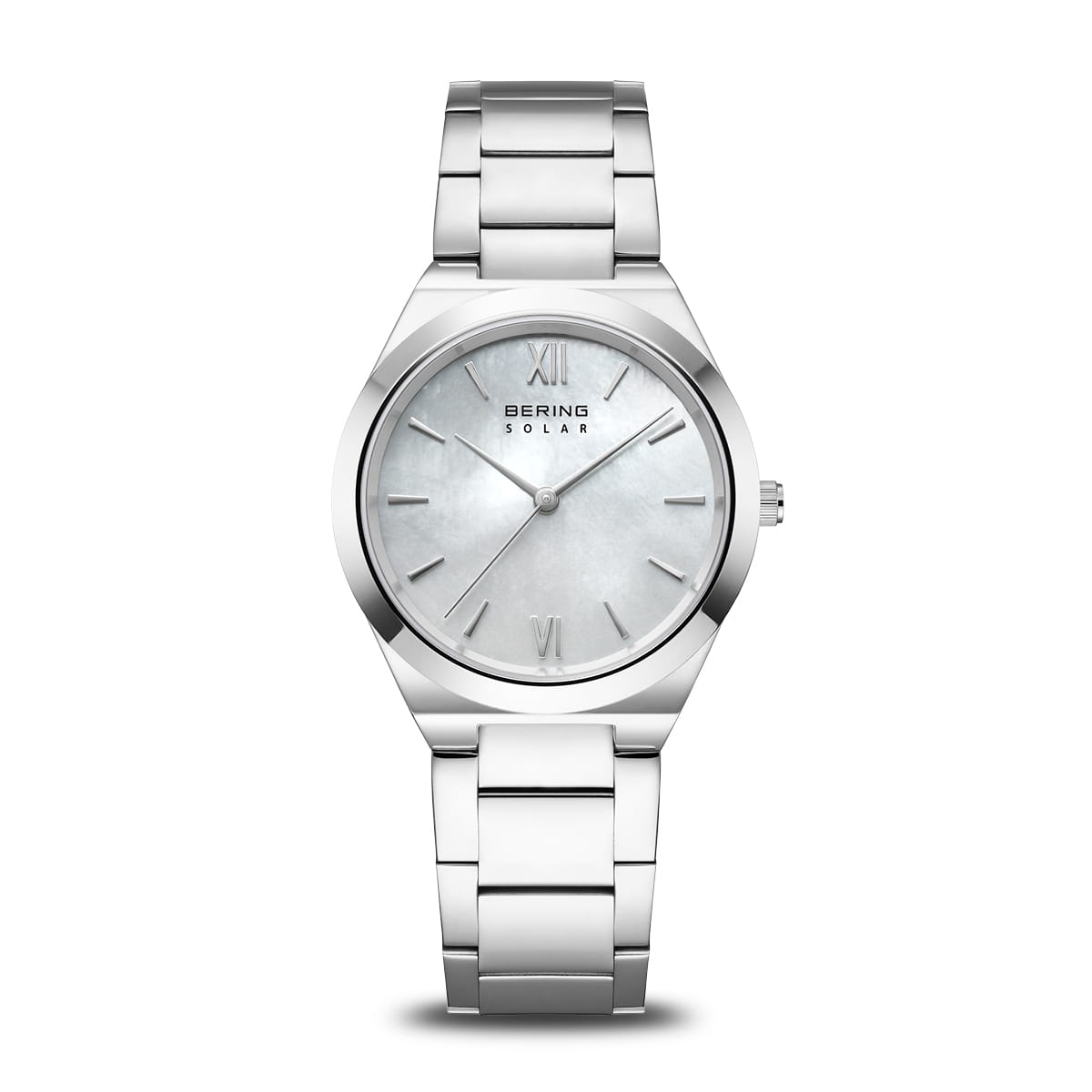 The Bering Watch - Solar Collection 19932-700 features a silver stainless steel band, minimalist white dial with Roman numerals at 12, 3, 6, and 9, and “Bering” plus “Solar” printed on the face.