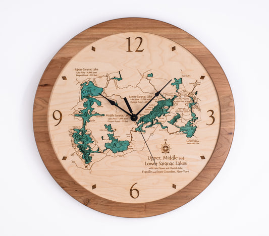 Lake Clock - Saranac Chain Lakes - Upper Middle and Lower - Custom Wooden Lake Clock - New York
