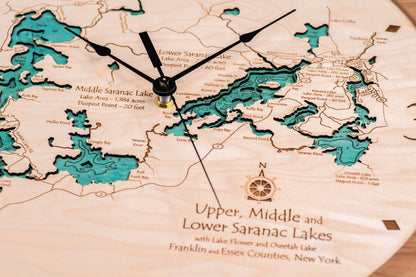 Lake Clock - Saranac Chain Lakes - Upper Middle and Lower - Custom Wooden Lake Clock - New York