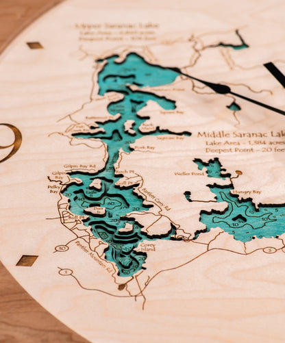 Lake Clock - Saranac Chain Lakes - Upper Middle and Lower - Custom Wooden Lake Clock - New York