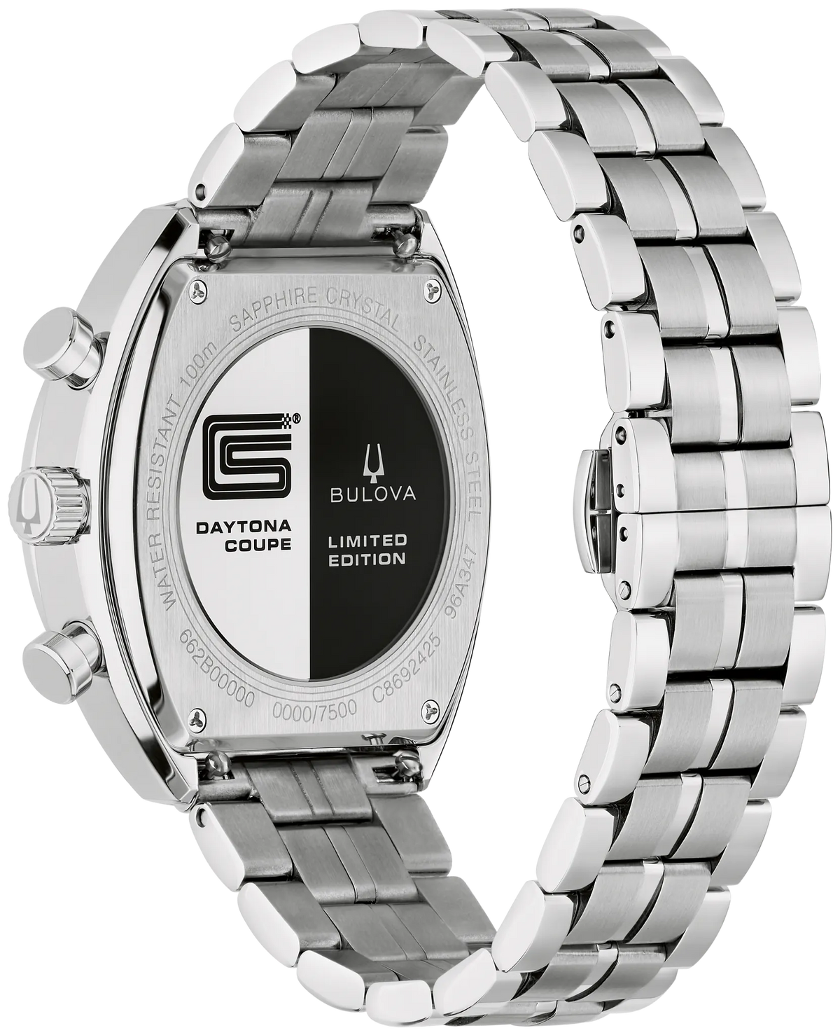 The case back of a silver-toned Bulova Watch - SHELBY® Racer Chronograph - 96K118 with a link bracelet, featuring an engraved checkered flag emblem, Daytona Coupe, and Limited Edition text.