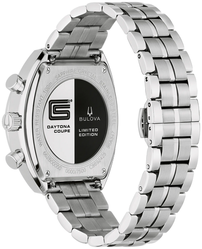 The case back of a silver-toned Bulova Watch - SHELBY® Racer Chronograph - 96K118 with a link bracelet, featuring an engraved checkered flag emblem, Daytona Coupe, and Limited Edition text.