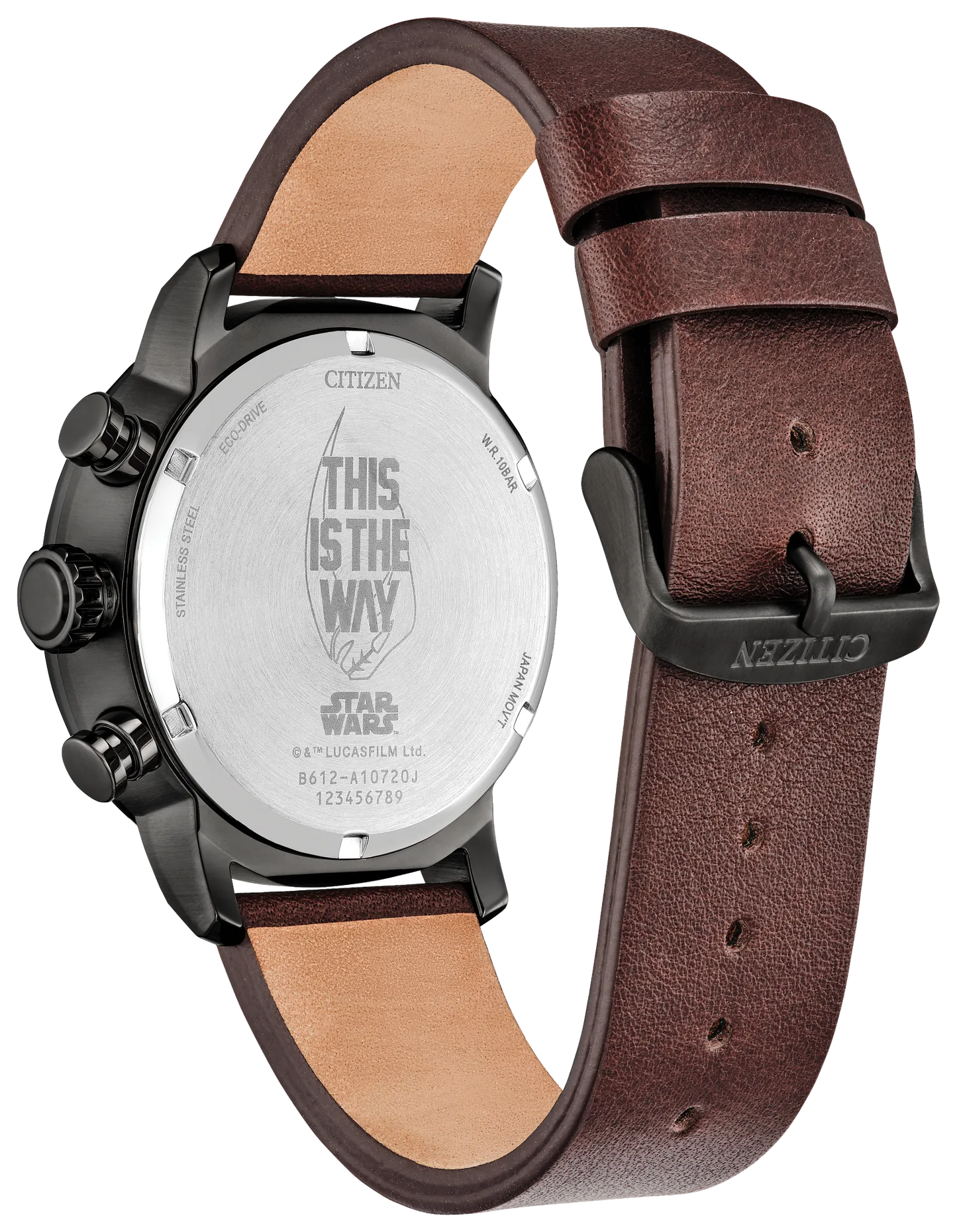 The back of the Citizen Watch - Mandalorian - CA0857-09W by Citizen, with a brown leather strap, displays engravings including "THIS IS THE WAY," Star Wars branding, and serial and copyright details.