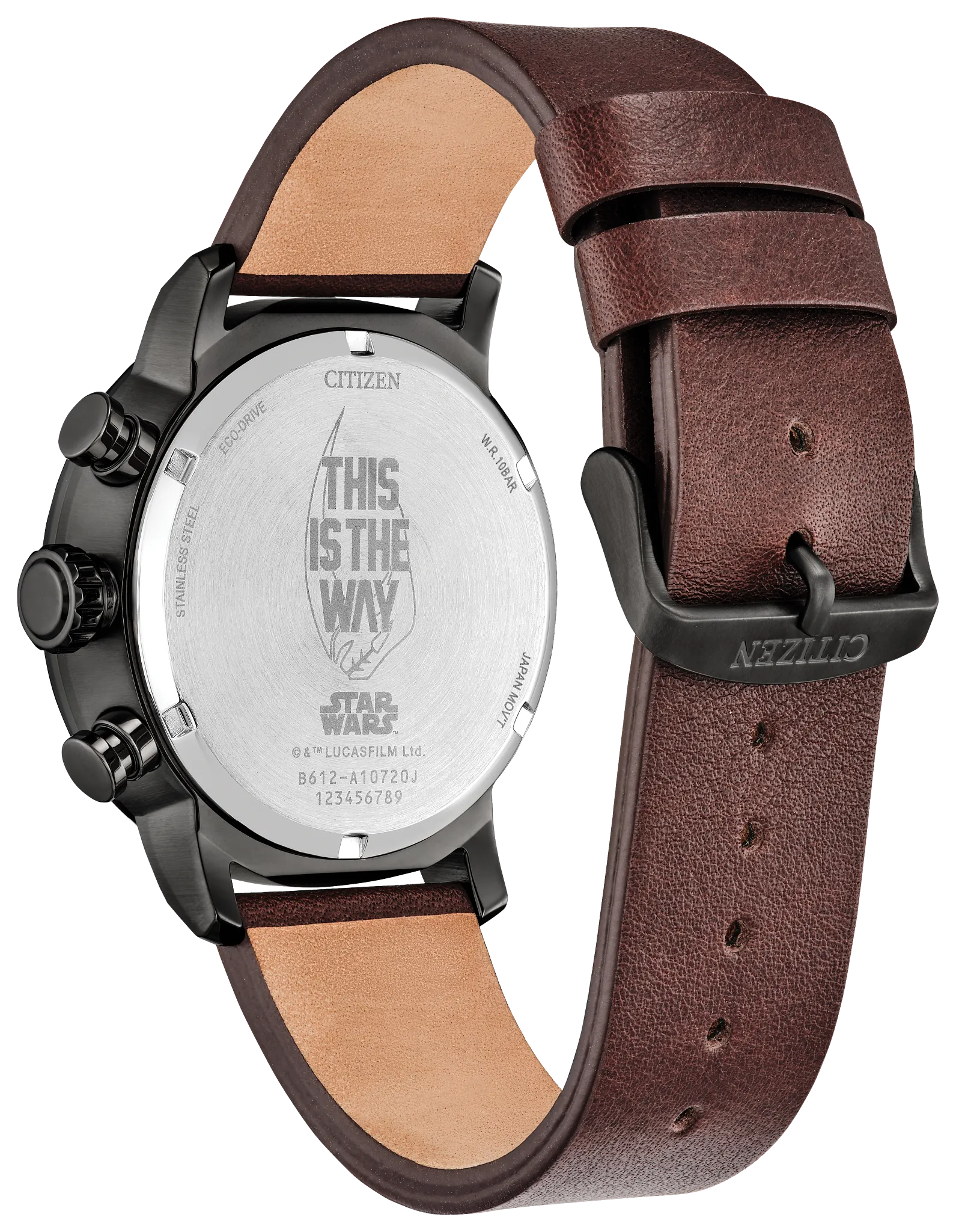 The back of the Citizen Watch - Mandalorian - CA0857-09W by Citizen, with a brown leather strap, displays engravings including "THIS IS THE WAY," Star Wars branding, and serial and copyright details.