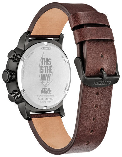 The back of the Citizen Watch - Mandalorian - CA0857-09W by Citizen, with a brown leather strap, displays engravings including "THIS IS THE WAY," Star Wars branding, and serial and copyright details.