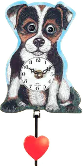 The Alexander Taron Inc. Engstler Black Forest Dog Clock (205QP) features a cartoon puppy with big eyes, a clock face on its belly, and a red heart-shaped pendulum, combining charm and fun decor for any room.