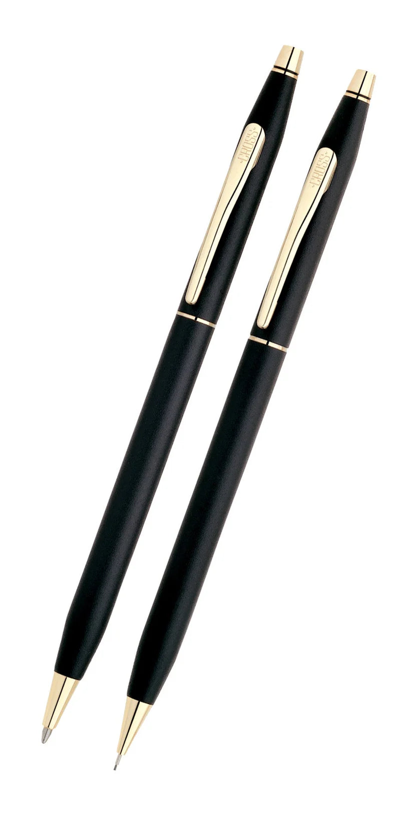 The Cross Classic Century Black/Gold Pen and Pencil Set (250105) by Cross showcases a black ballpoint pen and mechanical pencil with gold accents, elegantly displayed side by side on a white background.
