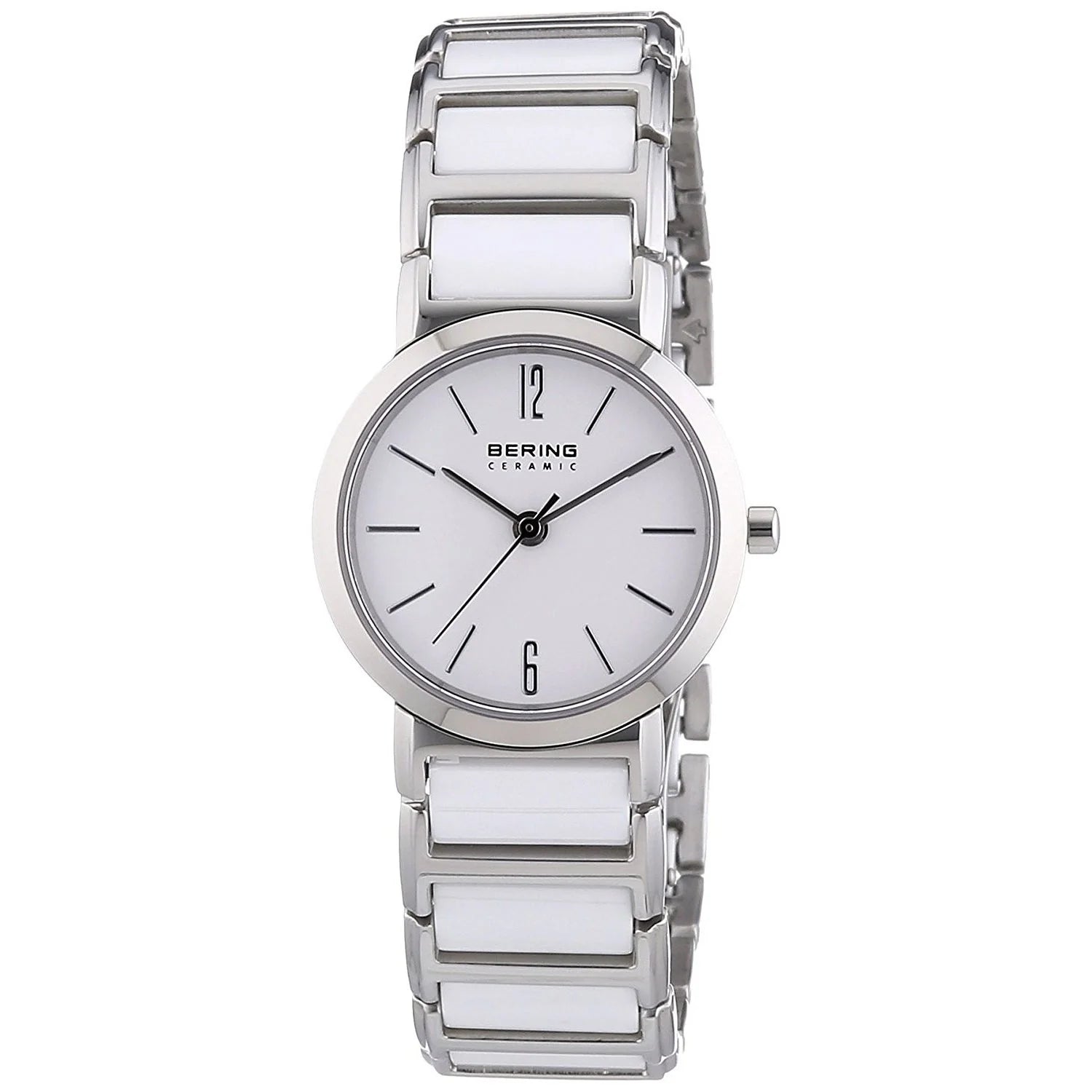 The Bering Watch - Ceramic Collection - 30226-754 features a silver and white design with a round face, minimalist black markers, only the 12 and 6 numerals, and a two-tone stainless steel and ceramic link band.
