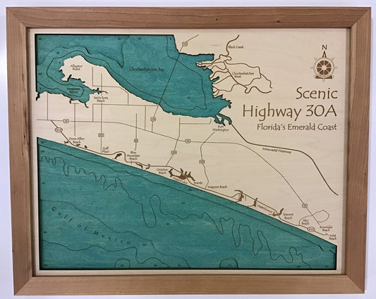 Lake Map - 30A - Laser Carved Wooden Relief Map - 14" x 18" Multi Lvl - Florida's Scenic 30A