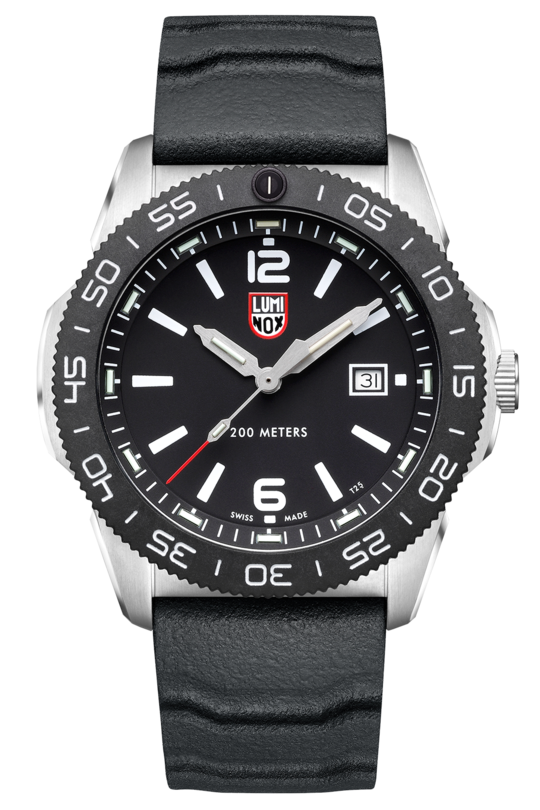 The Luminox Pacific Diver XS.3121.1 mens watch features a black dial with white markers, date at 3 o’clock, silver case, black rotating bezel, textured strap, and 200m water resistance for durability. Brand: Luminox.