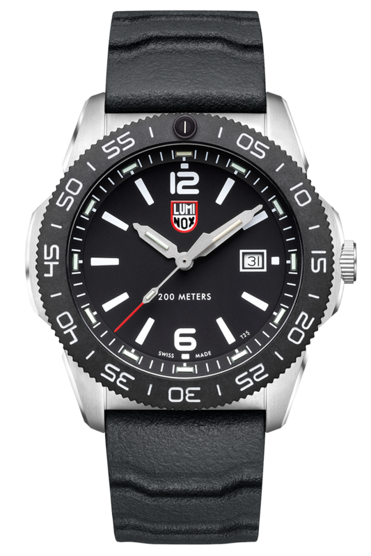 The Luminox Pacific Diver XS.3121.1 mens watch features a black dial with white markers, date at 3 o’clock, silver case, black rotating bezel, textured strap, and 200m water resistance for durability. Brand: Luminox.