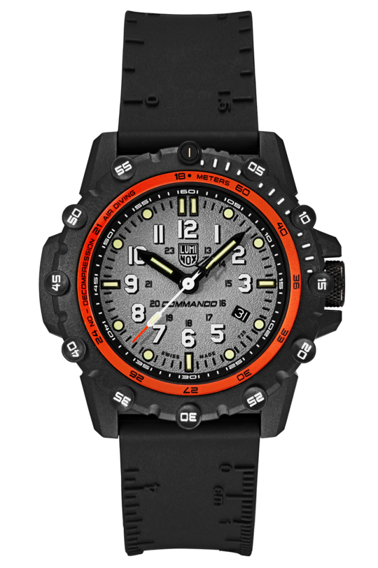 The Luminox Watch - Commando Frogman - XS.3301 is a rugged black tactical watch with a grey textured face, white numerals, orange ring on the dial, luminous hands, minute and second markings, date window, and a black rubber strap.