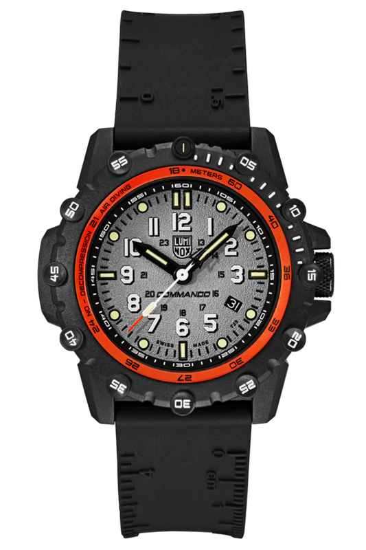 The Luminox Watch - Commando Frogman - XS.3301 is a rugged black tactical watch with a grey textured face, white numerals, orange ring on the dial, luminous hands, minute and second markings, date window, and a black rubber strap.