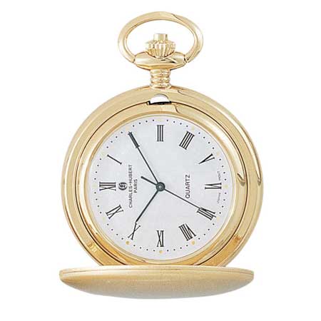 The Charles Hubert Pocket Watch - Full Hunter Quartz - 3410 has a gold case, white dial with black Roman numerals, two black hands, an ornate crown, and the Charles Hubert brand name displayed on its face.