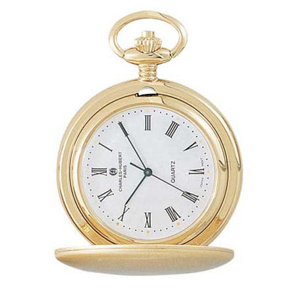 The Charles Hubert Pocket Watch - Full Hunter Quartz - 3410 has a gold case, white dial with black Roman numerals, two black hands, an ornate crown, and the Charles Hubert brand name displayed on its face.