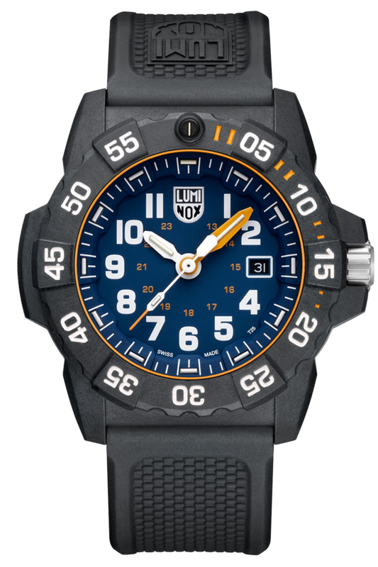 The Luminox Navy SEAL Foundation Exclusive XS.3503.NSF is a black military dive watch with a blue dial, white numbers, orange accents, black rubber strap, rotating bezel, self-powered illumination, and date display at 3 o’clock.