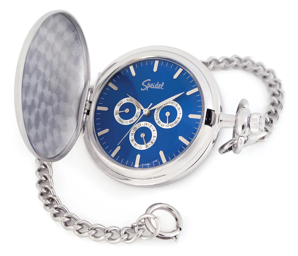 The Speidel Pocket Watch - Classic (35506154) by Speidel features a blue face, three subdials, and a decorative cover on a silver chain, shown against a white background.