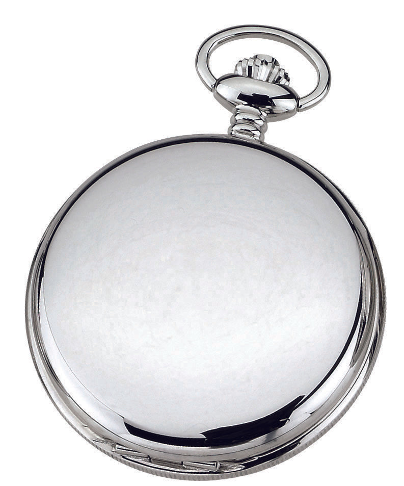 The Charles Hubert Pocket Watch - Double Full Hunter Mechanical - 3575-W features a closed, shiny silver design with a smooth, reflective surface and a decorative crown at the top for chain attachment.