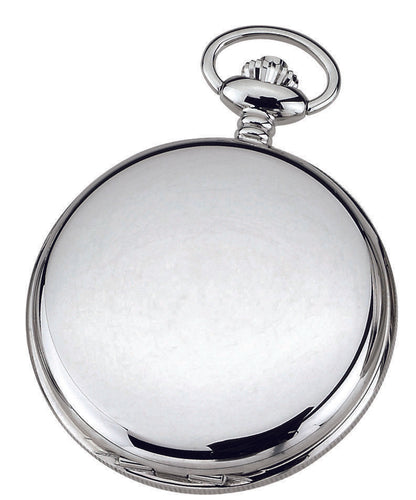 The Charles Hubert Pocket Watch - Double Full Hunter Mechanical - 3575-W features a closed, shiny silver design with a smooth, reflective surface and a decorative crown at the top for chain attachment.