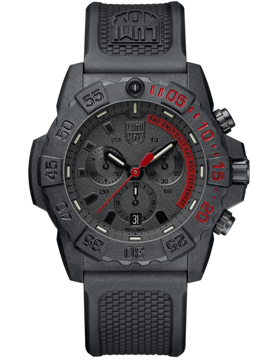 The Luminox Navy SEAL Chronograph XS.3581.EY is a rugged black sports watch with a textured strap, large round face, red accents, bold numerals, multiple dials, and 200m water resistance—perfect for diving and tough conditions.