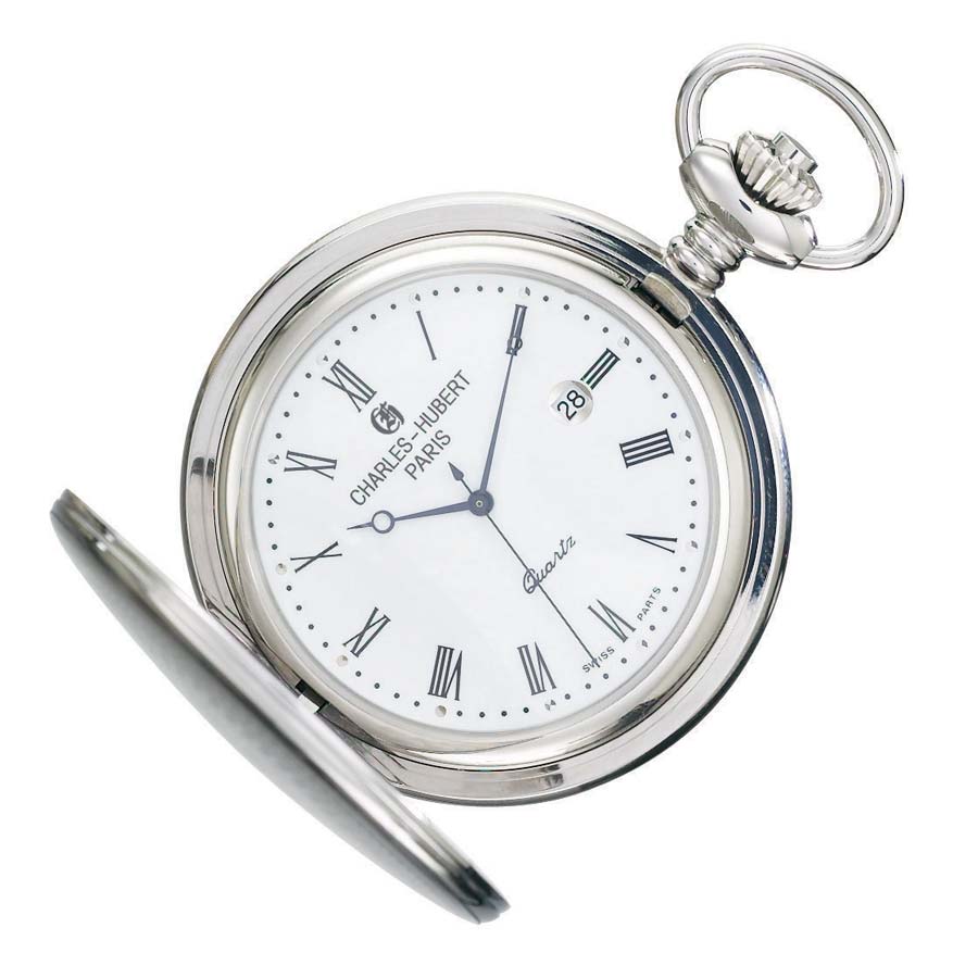 The Charles Hubert Pocket Watch - Full Hunter Quartz (3599-W) shows 12:09 on its white face with Roman numerals and features a small date window displaying the 29th.