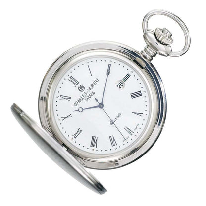 The Charles Hubert Pocket Watch - Full Hunter Quartz (3599-W) shows 12:09 on its white face with Roman numerals and features a small date window displaying the 29th.