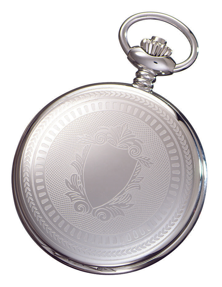 The Charles Hubert Pocket Watch - Full Hunter Quartz - 3599-B showcases a stainless steel full hunter case with ornate engraving, a central shield motif, and a crown-shaped winding knob.