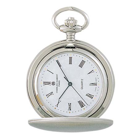 The Charles Hubert Pocket Watch - Full Hunter Quartz 3611 features a silver case, white face, black Roman numerals, and black hands. The partially open cover reveals the clock face and winding crown at the top.