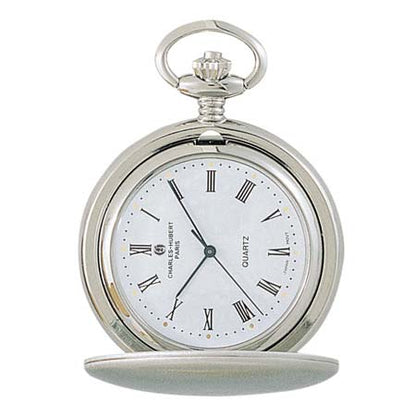 The Charles Hubert Pocket Watch - Full Hunter Quartz 3611 features a silver case, white face, black Roman numerals, and black hands. The partially open cover reveals the clock face and winding crown at the top.