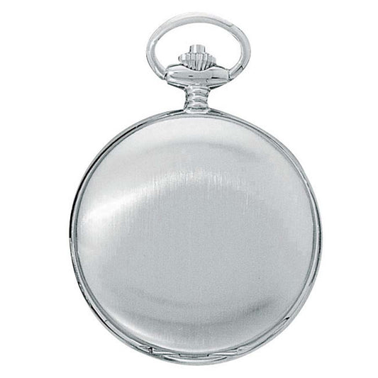 The Charles Hubert Pocket Watch - Full Hunter Quartz - 3611 features a closed silver case with a smooth, reflective cover and a circular crown at the top for winding.