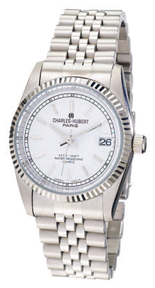 The Charles Hubert Watch - 3635-WW is a silver wristwatch featuring a metal link band, white dial, date display at 3 o’clock, and silver hour markers by Charles Hubert.