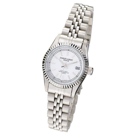The Charles Hubert Watch - 3635-WW by Charles Hubert features a silver metal link band, fluted bezel, white dial, date display at 3 o'clock, and silver hour markers and hands.