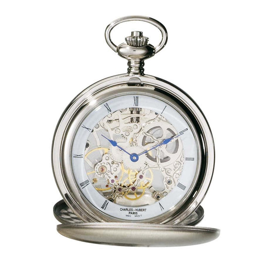 The Charles Hubert Pocket Watch - Double Full Hunter Mechanical - 3780-W features a transparent face with blue hands, visible gears, and Roman numerals, all showcased when its dual lids are open.
