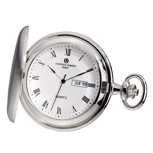 The Charles Hubert Pocket Watch - Full Hunter Quartz - 3974-W features Roman numerals, a white face, date display, black hands, an open cover, right-side crown, and Charles-Hubert Paris on the dial.